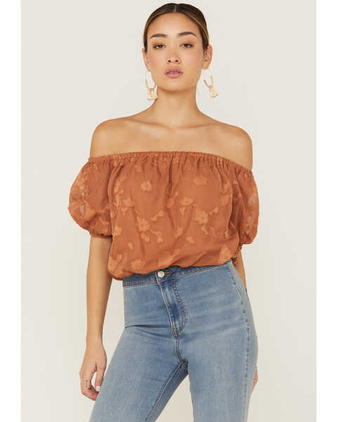 Flying Tomato Women's Rust Textured Floral Off Shoulder Cropped Top, Rust Copper, hi-res