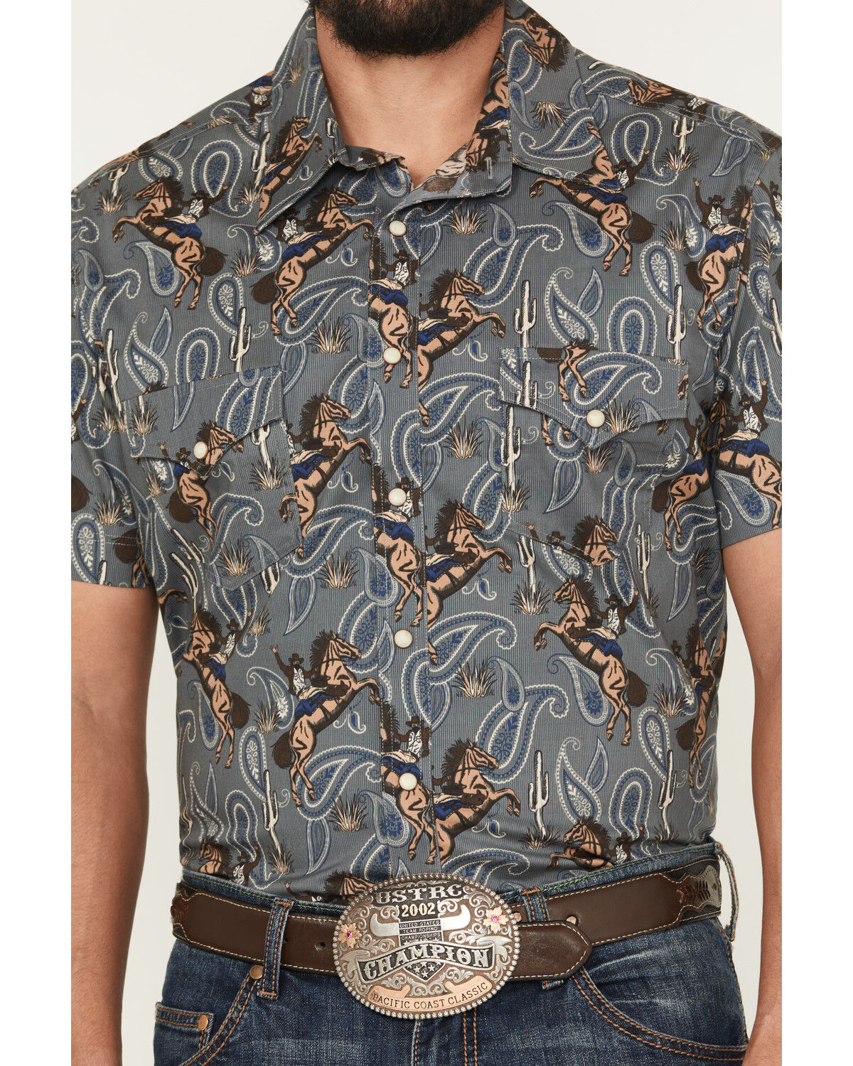 Image #3 - Rock & Roll Denim Men's Dale Brisby Horse Print Short Sleeve Snap Stretch Western Shirt, Charcoal, hi-res