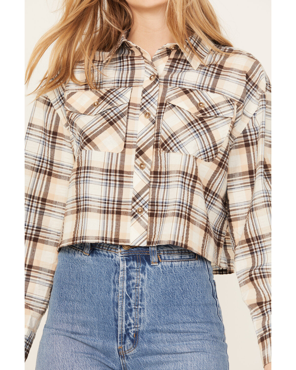 Image #3 - Cleo + Wolf Women's Plaid Print Cropped Shirt, Cream, hi-res