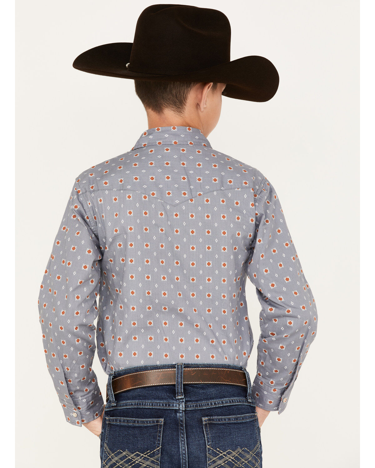 Image #4 - Roper Boys' West Made Geo Print Pearl Snap Western Shirt, Grey, hi-res