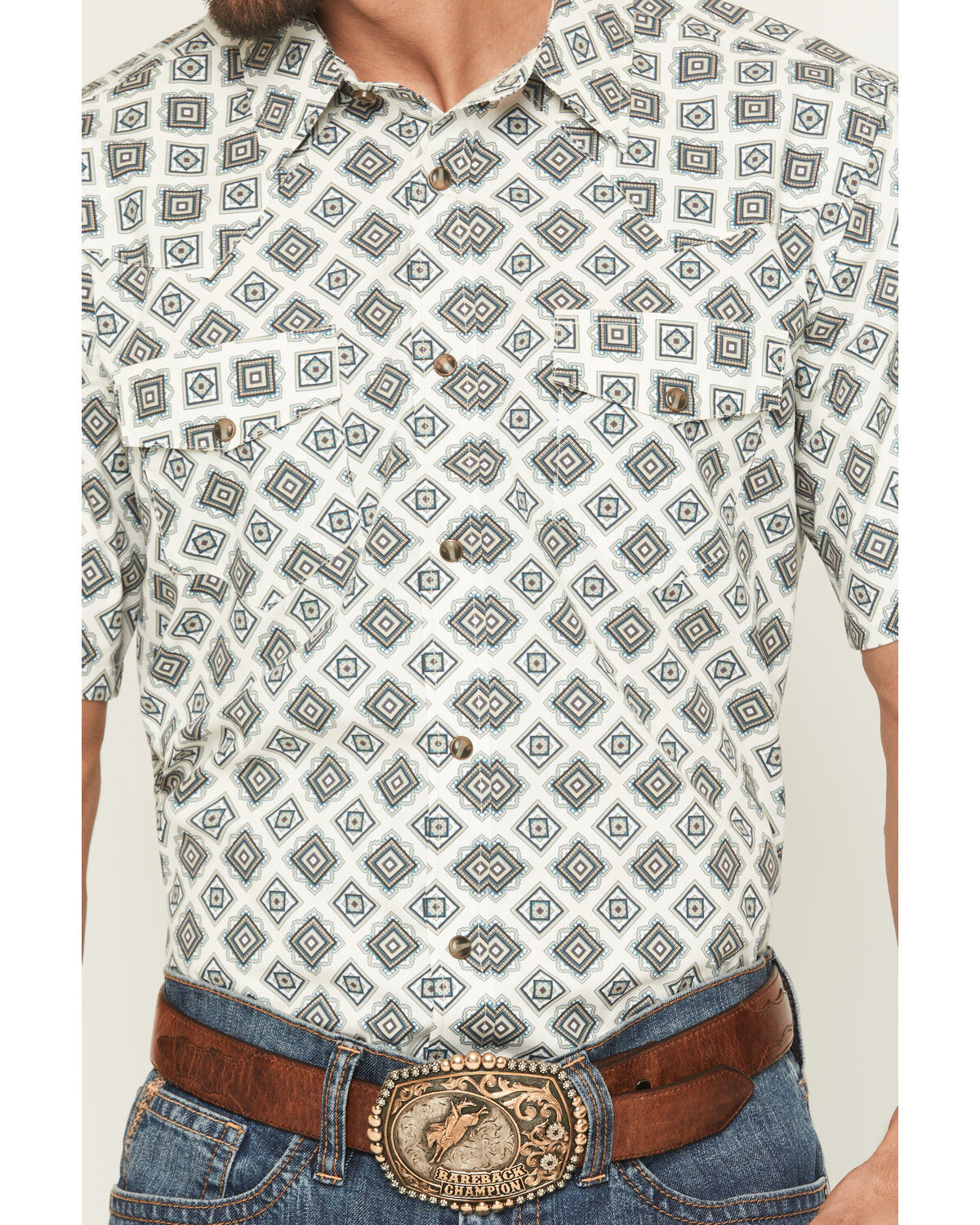Image #3 - Gibson Trading Co Men's Time Warp Medallion Print Short Sleeve Snap Western Shirt - Tall, Ivory, hi-res