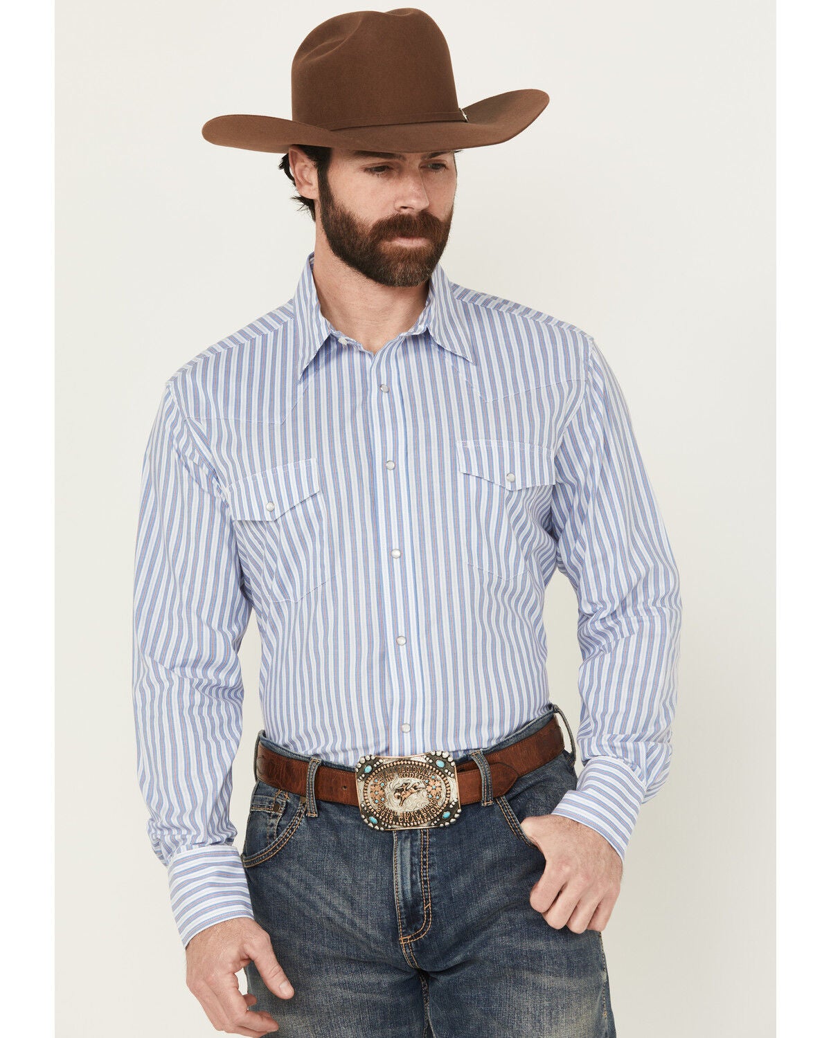 Wrangler Men's Striped Print Long Sleeve Snap Stretch Western Print - Big, Blue, hi-res