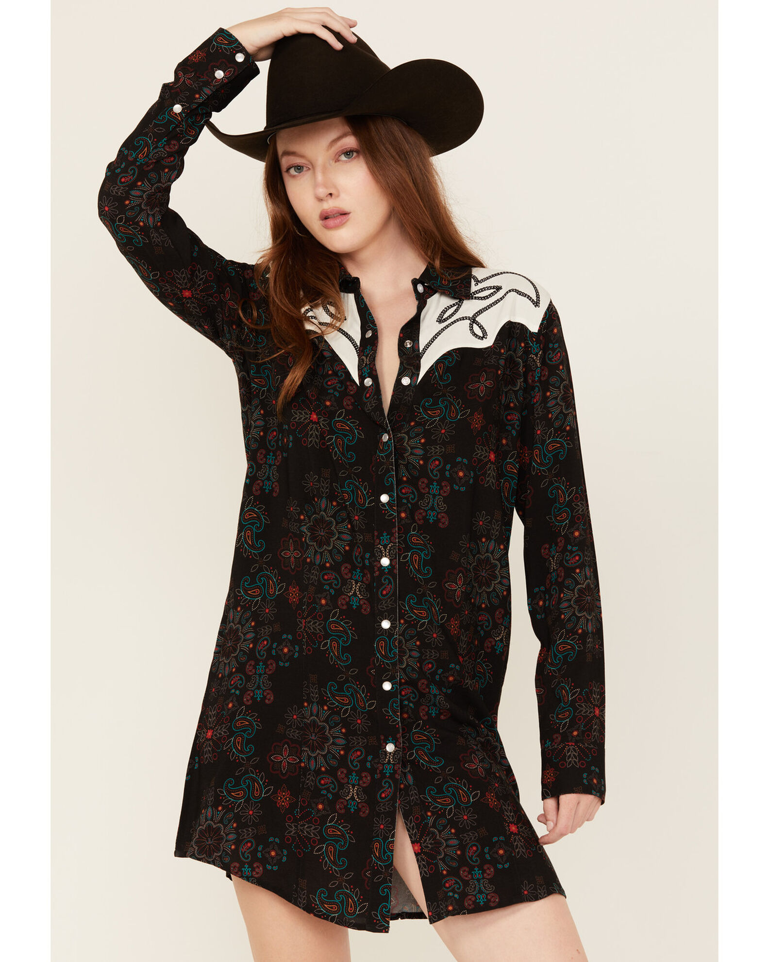 Image #1 - Panhandle Women's Floral Print Embroidered Long Sleeve Snap Western Mini Dress, Black, hi-res