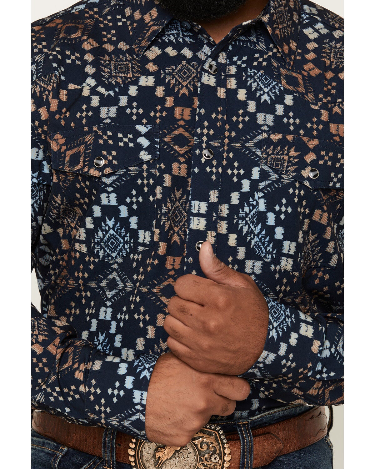 Image #3 - RANK 45&reg; Men's Rodeo Tech 2.0 Everglades Southwestern Print Long Sleeve Snap Stretch Performance Shirt, Navy, hi-res