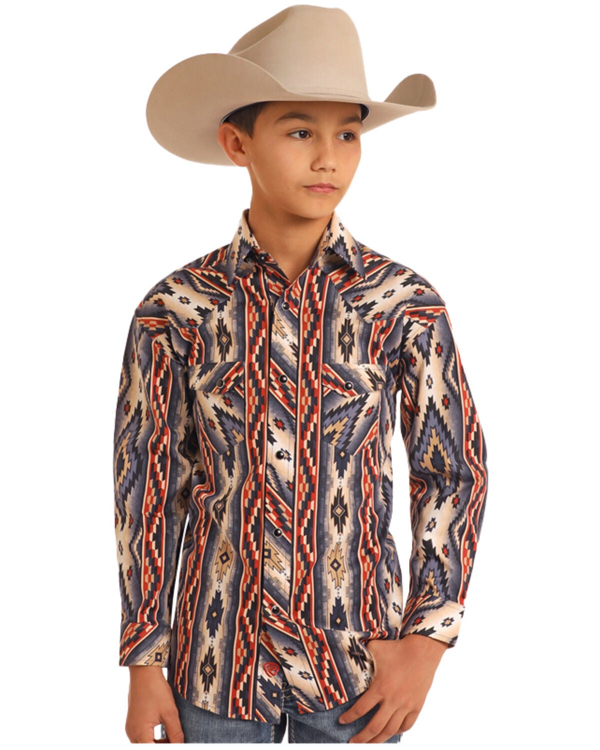 Panhandle Boys' Southwestern Print Long Sleeve Snap Western Shirt, Red, hi-res