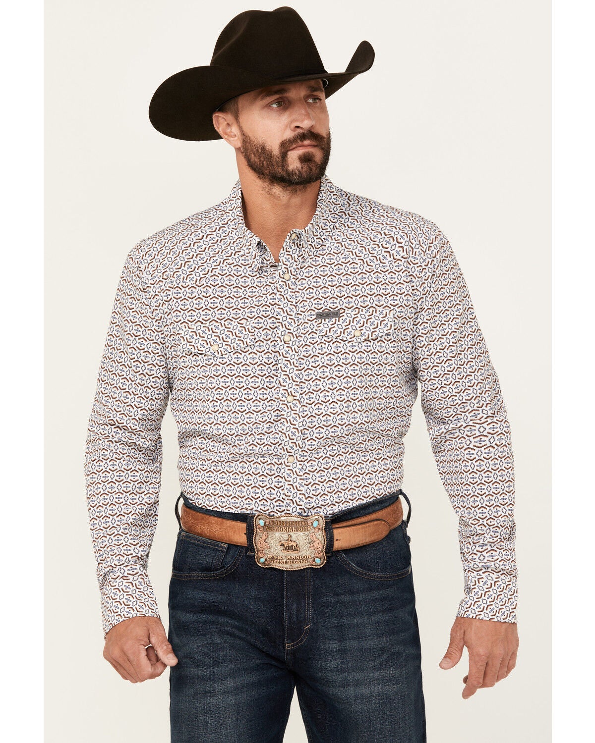 Panhandle Select Men's Southwestern Geo Print Long Sleeve Snap Performance Stretch Western Shirt, White, hi-res
