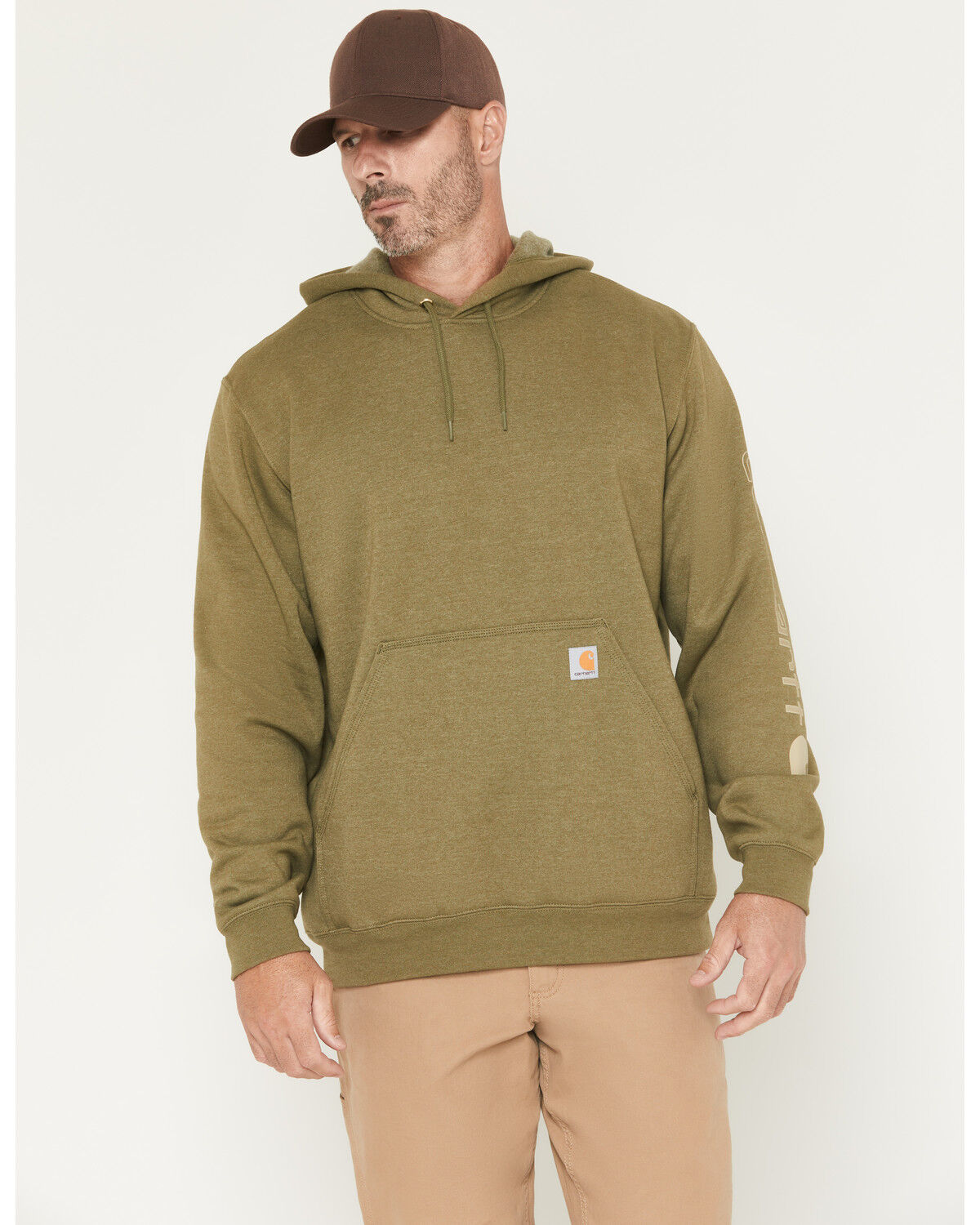 Image #1 - Carhartt Men's Loose Fit Midweight Logo Sleeve Graphic Hooded Sweatshirt, Dark Green, hi-res