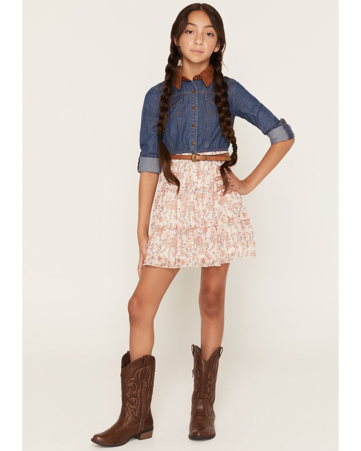 Sugar California Girls' 3/4 Sleeve Denim Floral Print Mini Dress, Multi, hi-res