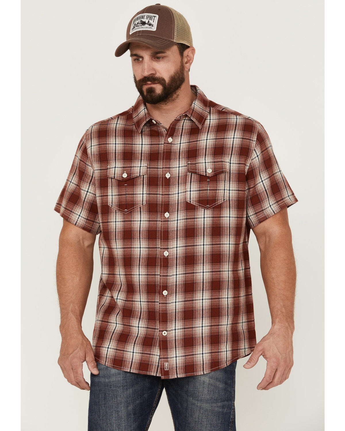 Brothers and Sons Men's Large Plaid Short Sleeve Button Down Western Shirt, Red, hi-res