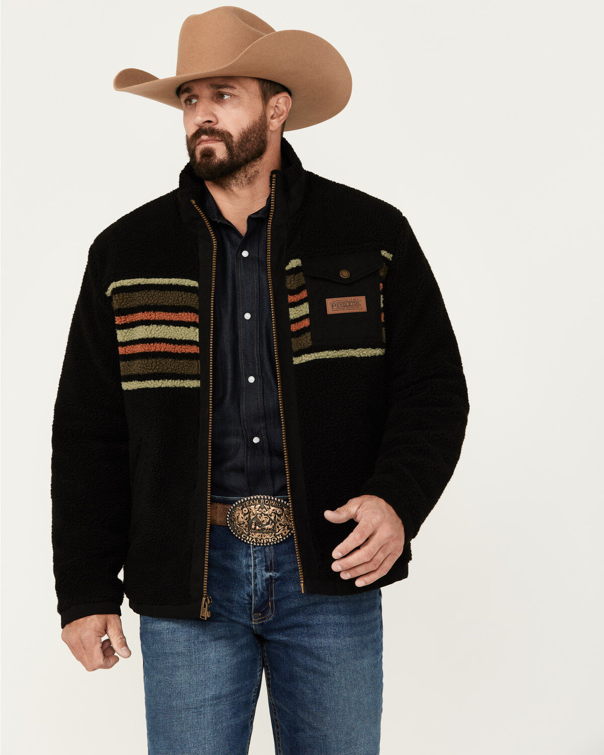 Image #1 - Pendleton Men's Camp Stripe Lone Fir Berber Jacket, Black, hi-res
