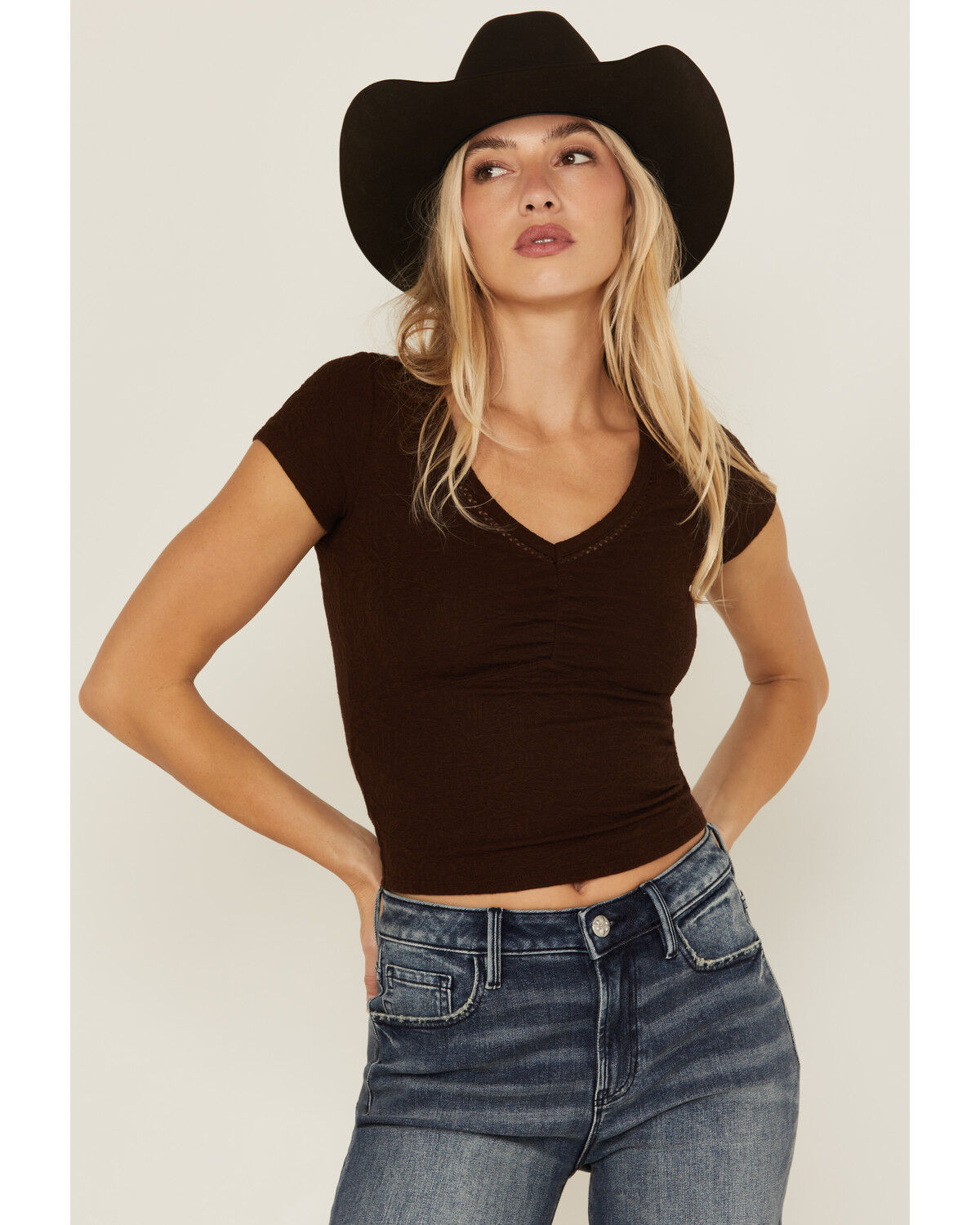 Product Name:  Shyanne Women's V Neck Short Sleeve Stretch Knit Top