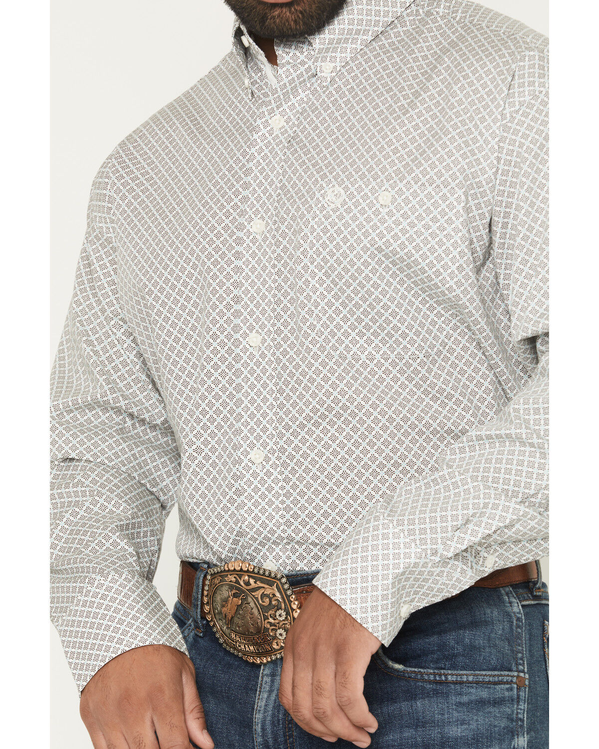 Image #3 - George Strait by Wrangler Men's Geo Print Long Sleeve Button-Down Stretch Western Shirt, Cream, hi-res