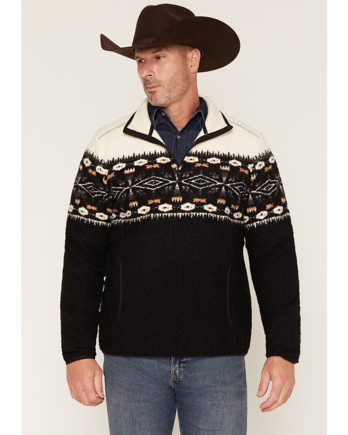 Panhandle Slim Men's Southwestern Border Print Berber 1/4 Zip Pullover, Black, hi-res