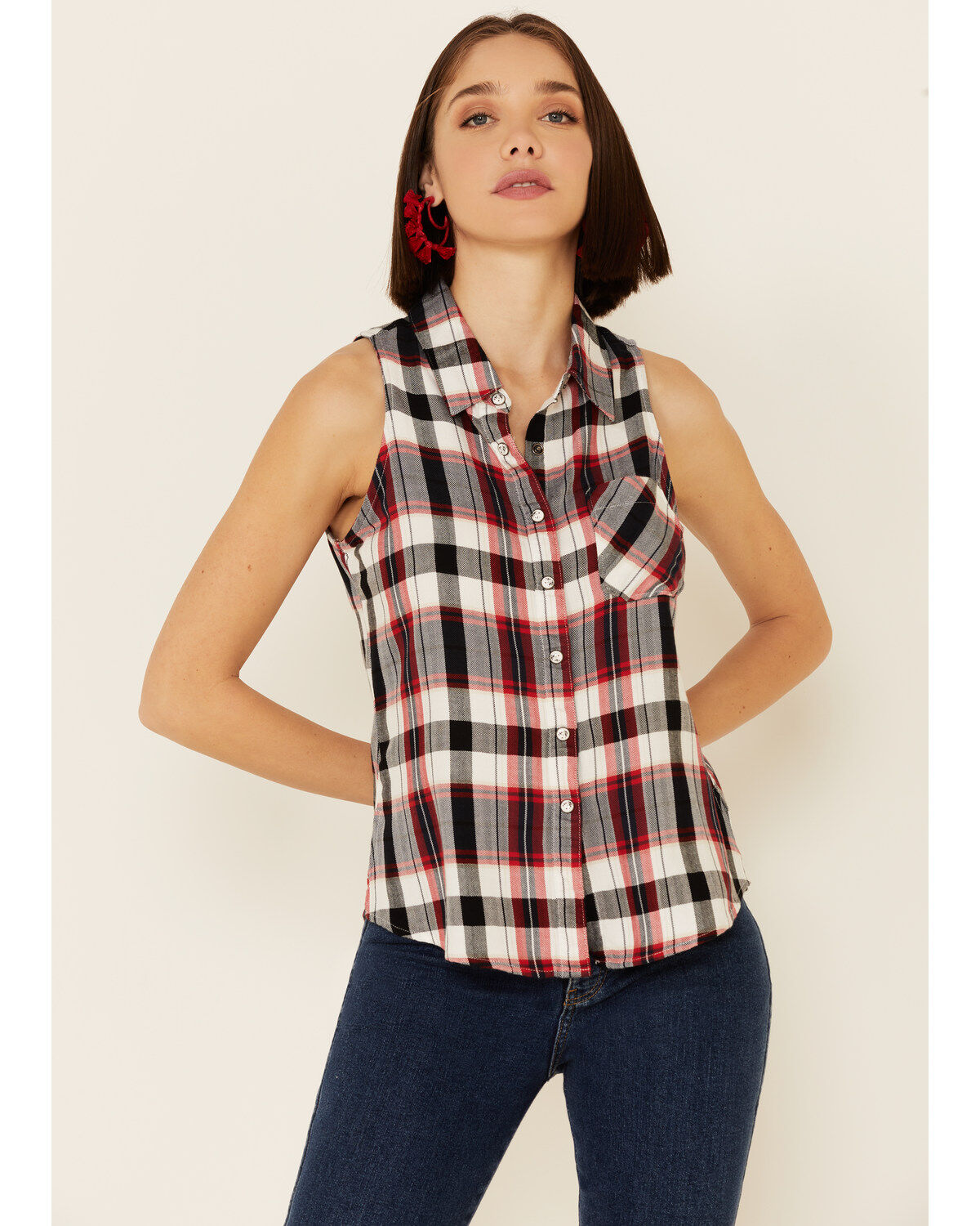 Image #1 - Shyanne Women's Navy Plaid Sleeveless Western Shirt, , hi-res
