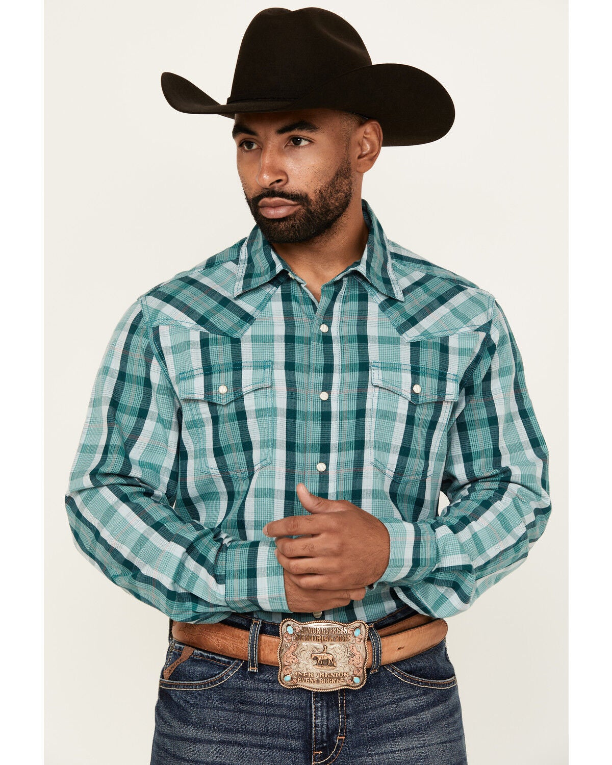 Wrangler Retro Men's Plaid Print Long Sleeve Snap Western Shirt, Turquoise, hi-res