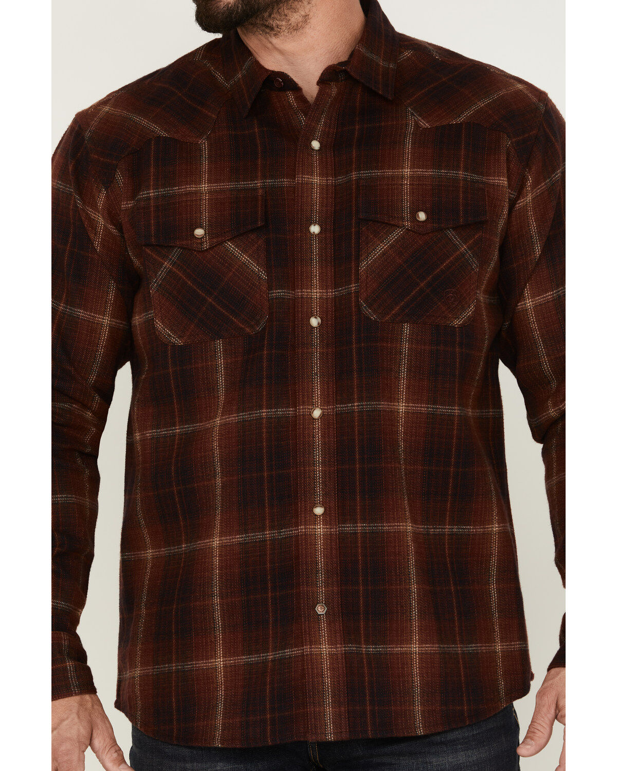 Image #4 - Ariat Men's Hiller Retro Plaid Snap Western Flannel Shirt, Maroon, hi-res