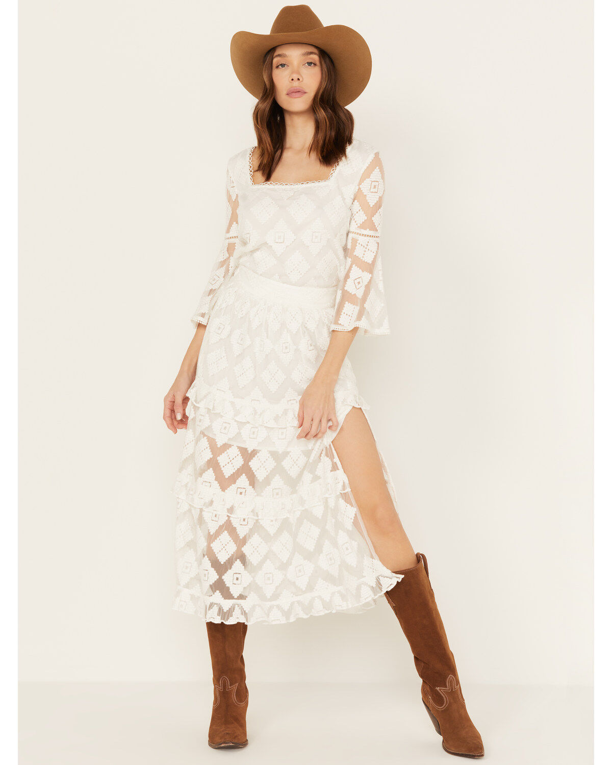 Image #2 - Shyanne Women's Diamond Embroidered Mesh Skirt, White, hi-res