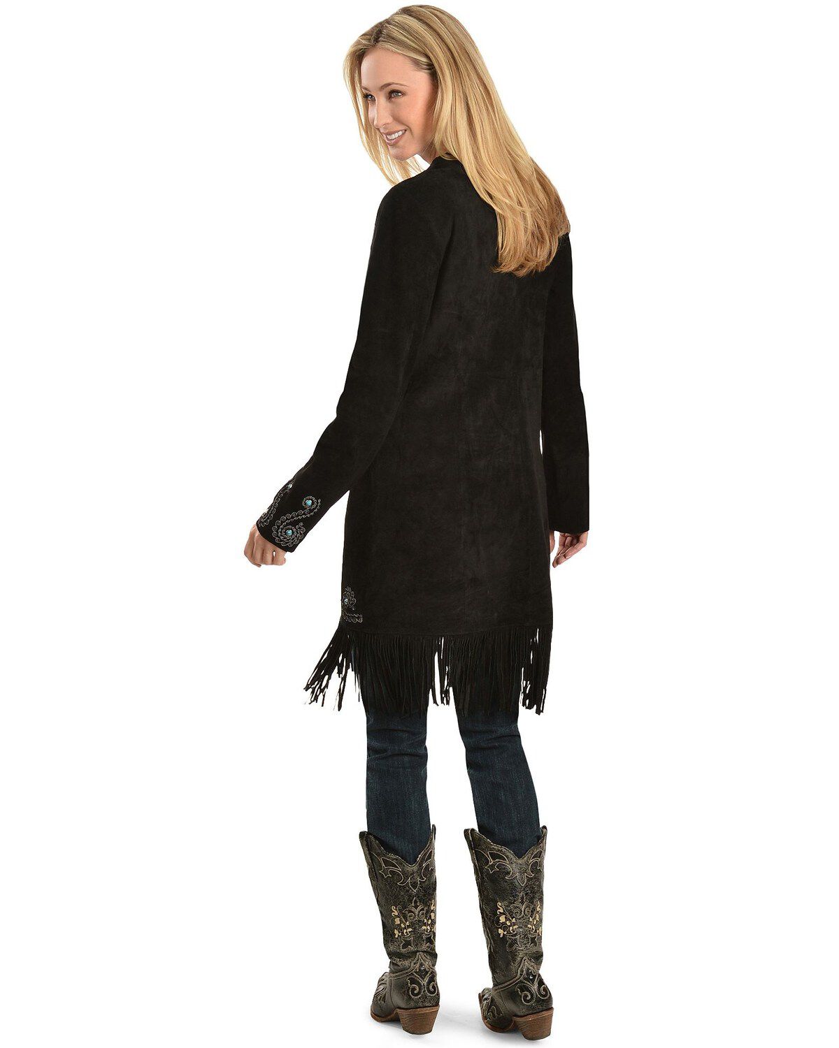 Image #3 - Scully Women's Embroidered Fringe Long Suede Leather Jacket, , hi-res