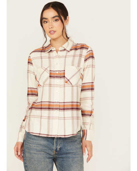 Shyanne Women's Lace Applique Plaid Print Button-Down Flannel Shirt , Cream, hi-res