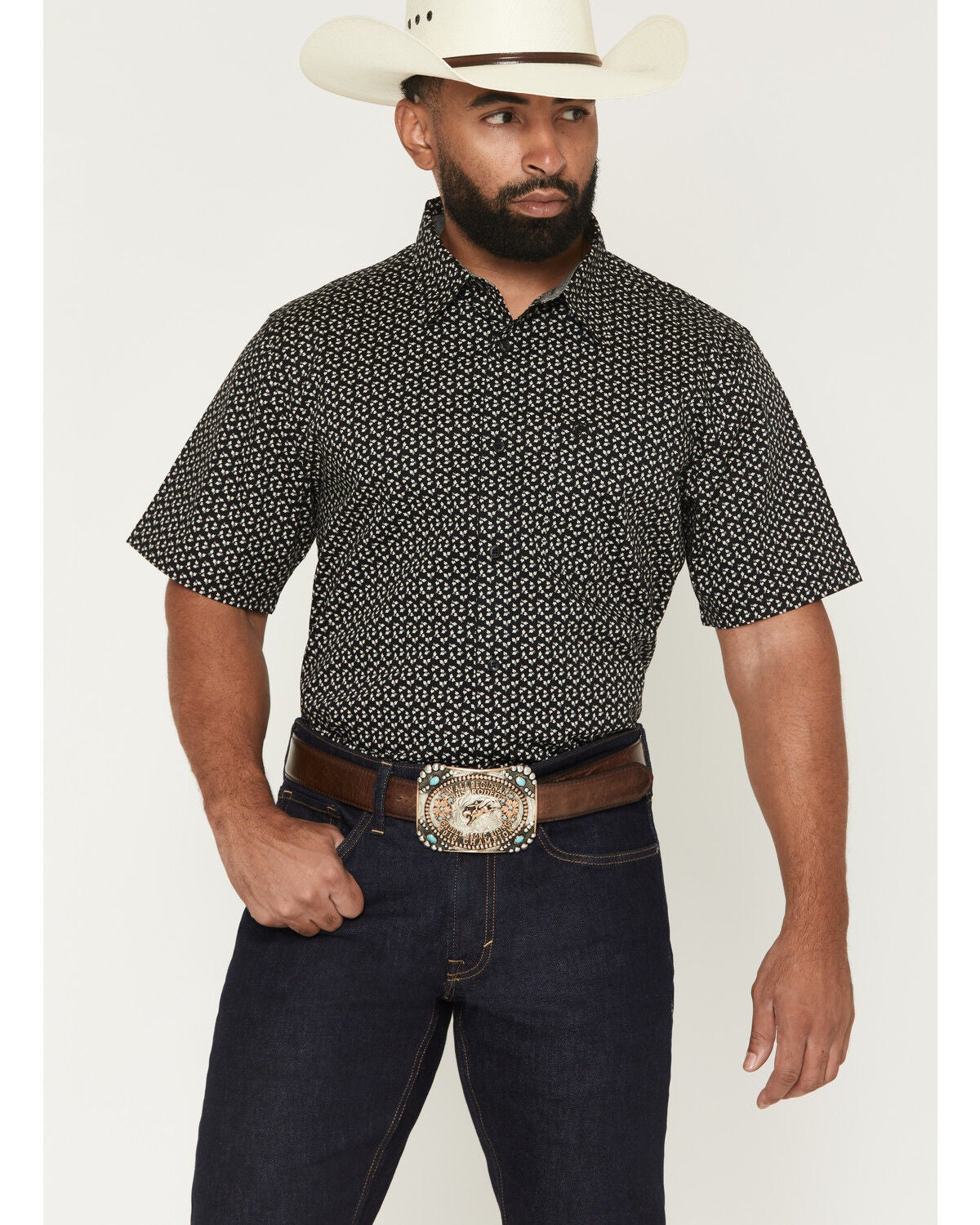 Cody James Men's Shiloh Micro Floral Print Short Sleeve Button-Down Stretch Western Shirt, Black, hi-res