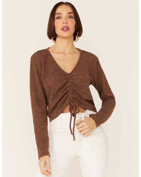 Wild Moss Women's Brown Ribbed Lurex Cinch Front Knit Top, Brown, hi-res