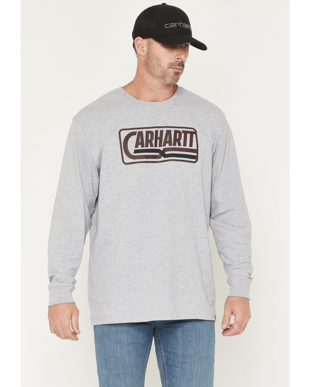 Carhartt Men's Logo Loose Fit Heavyweight Long Sleeve Graphic T-Shirt, Heather Grey, hi-res