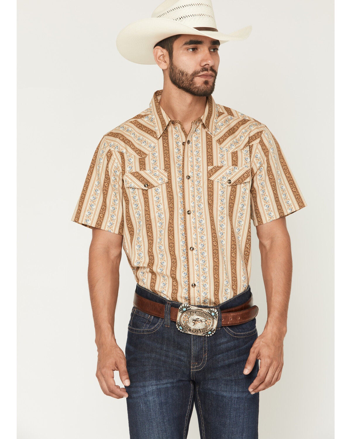 Gibson Trading Co Men's Calico Saloon Floral Striped Short Sleeve Snap Western Shirt - Big, Cream, hi-res