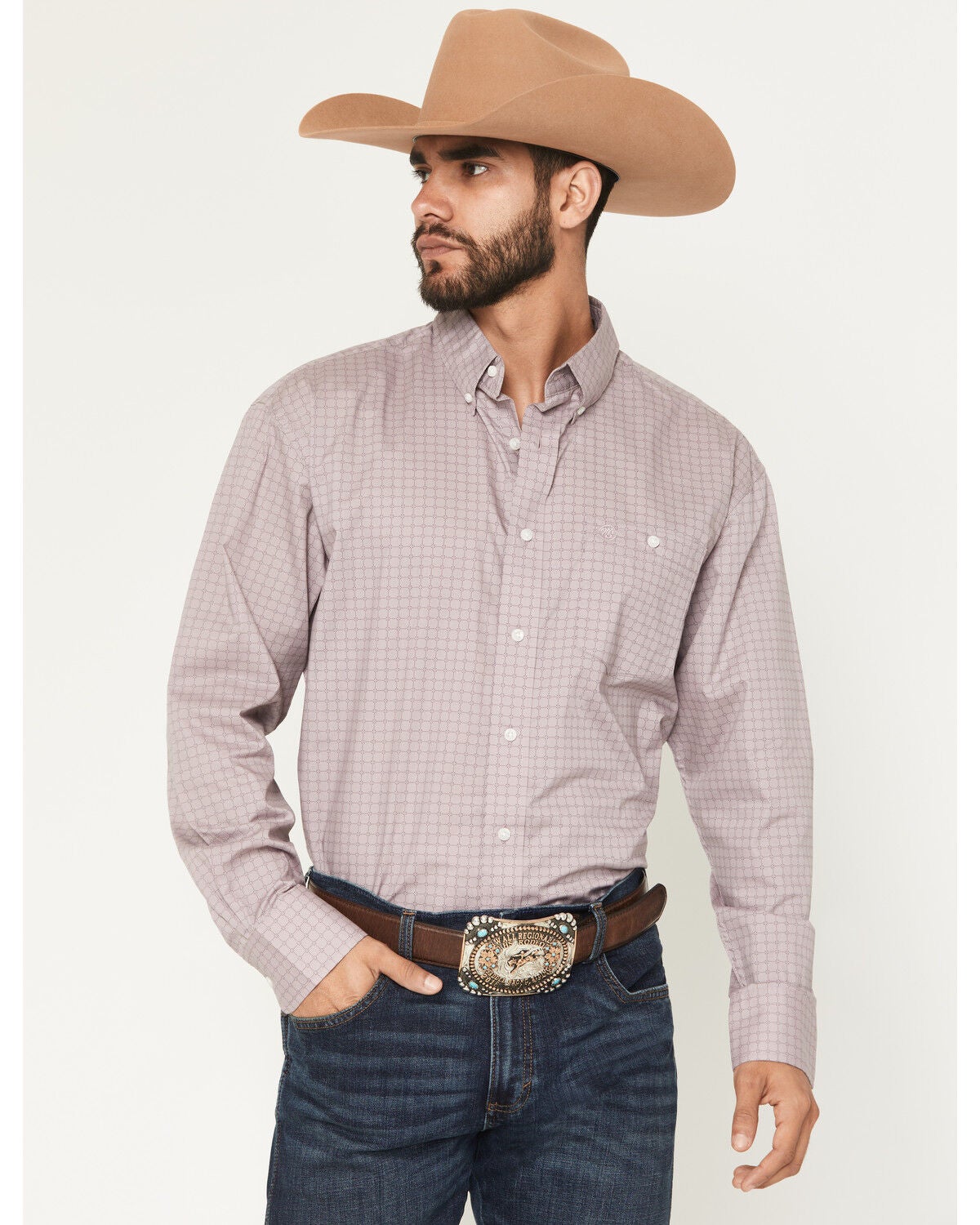 Wrangler Men's Plaid Print Long Sleeve Button-Down Stretch Western Shirt, Lavender, hi-res