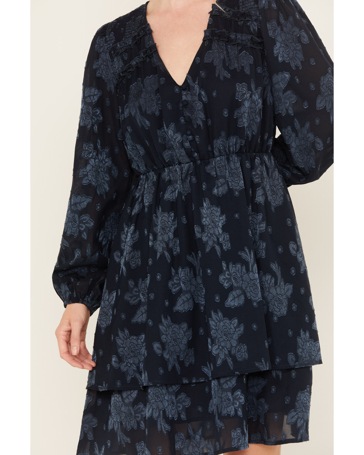 Image #3 - Yura Women's Long Sleeve Floral Tier Mini Dress, Navy, hi-res
