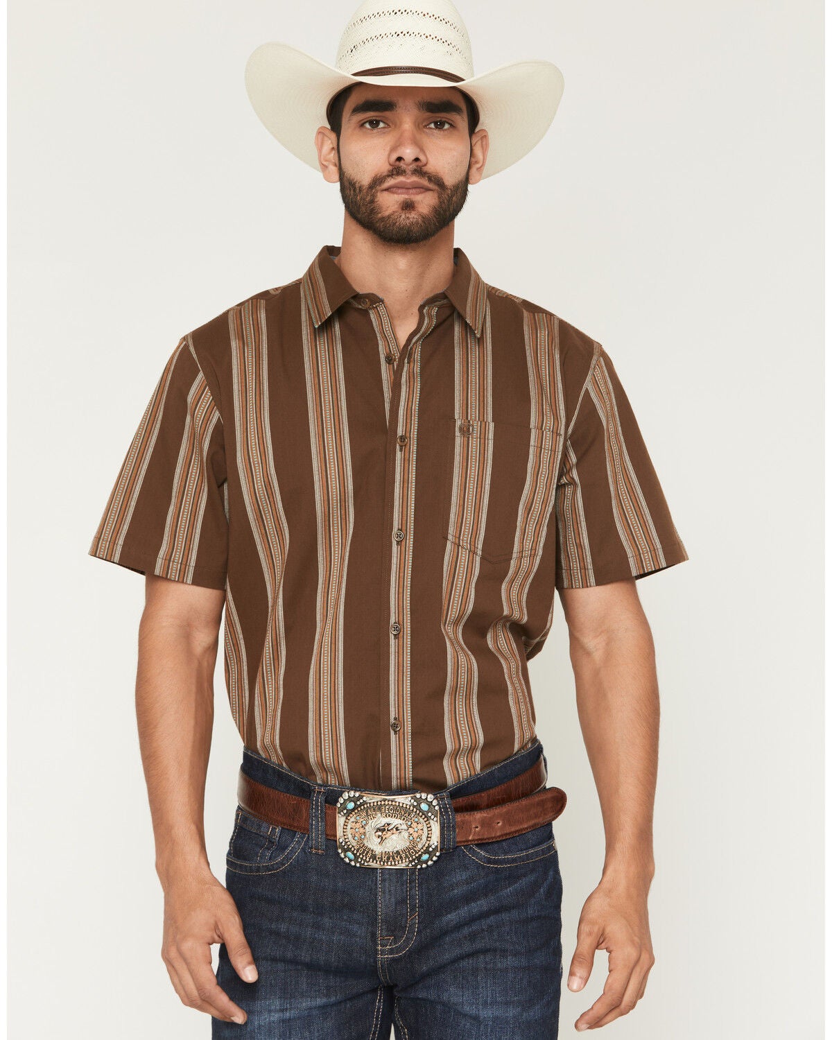 Cody James Silas Stripe Print Short Sleeve Button-Down Stretch Western Shirt, Brown, hi-res