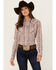 Image #1 - Rough Stock by Panhandle Women's Wallpaper Print Long Sleeve Pearl Snap Stretch Western Shirt, Orange, hi-res