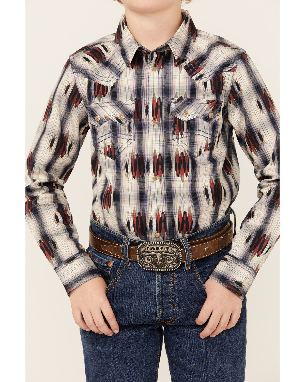 Image #3 - Cody James Boys' Zion Sunset Plaid Print Long Sleeve Snap Western Shirt, Red, hi-res