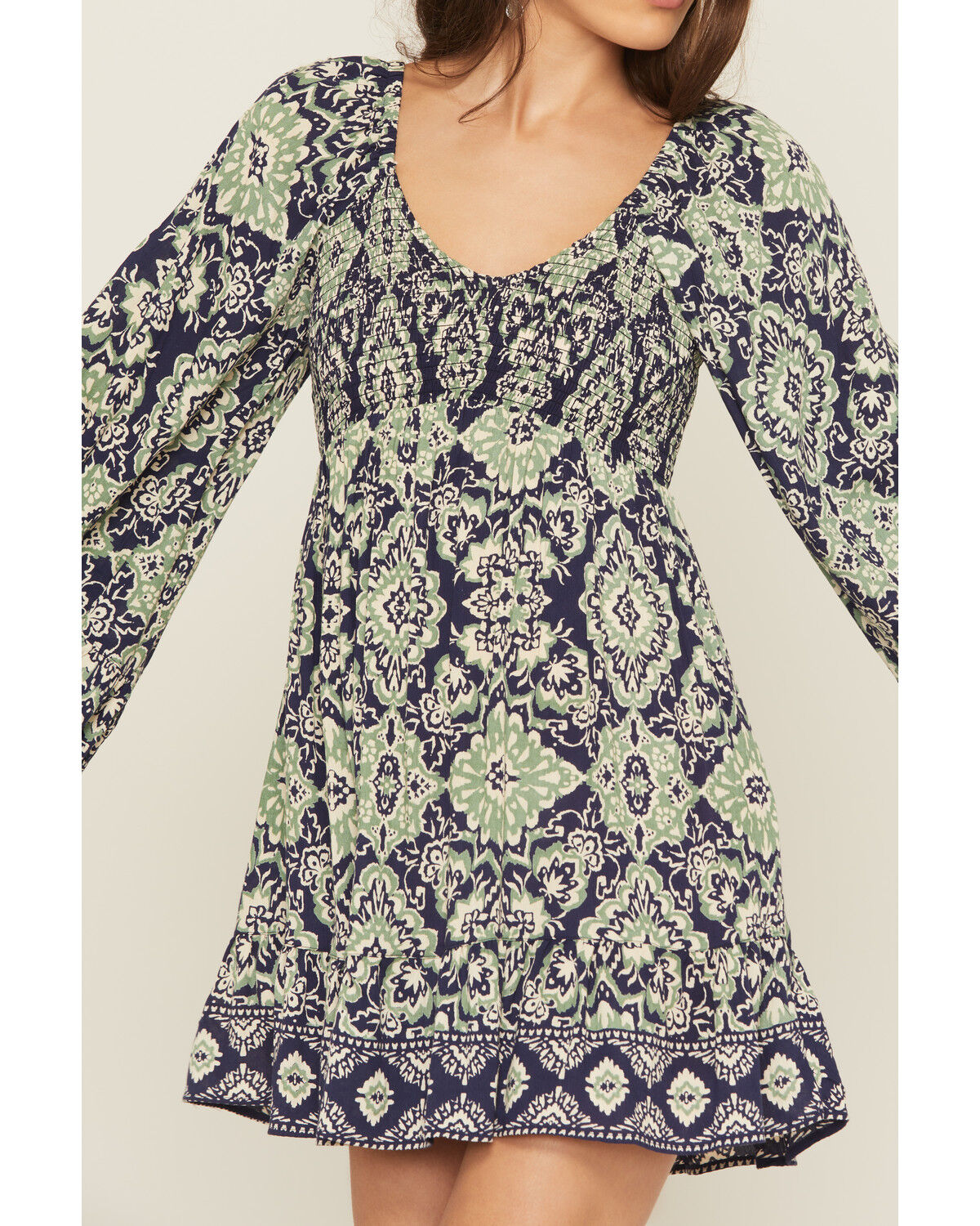 Angie Women's Geo Print Long Sleeve Smocked Front Mini Dress