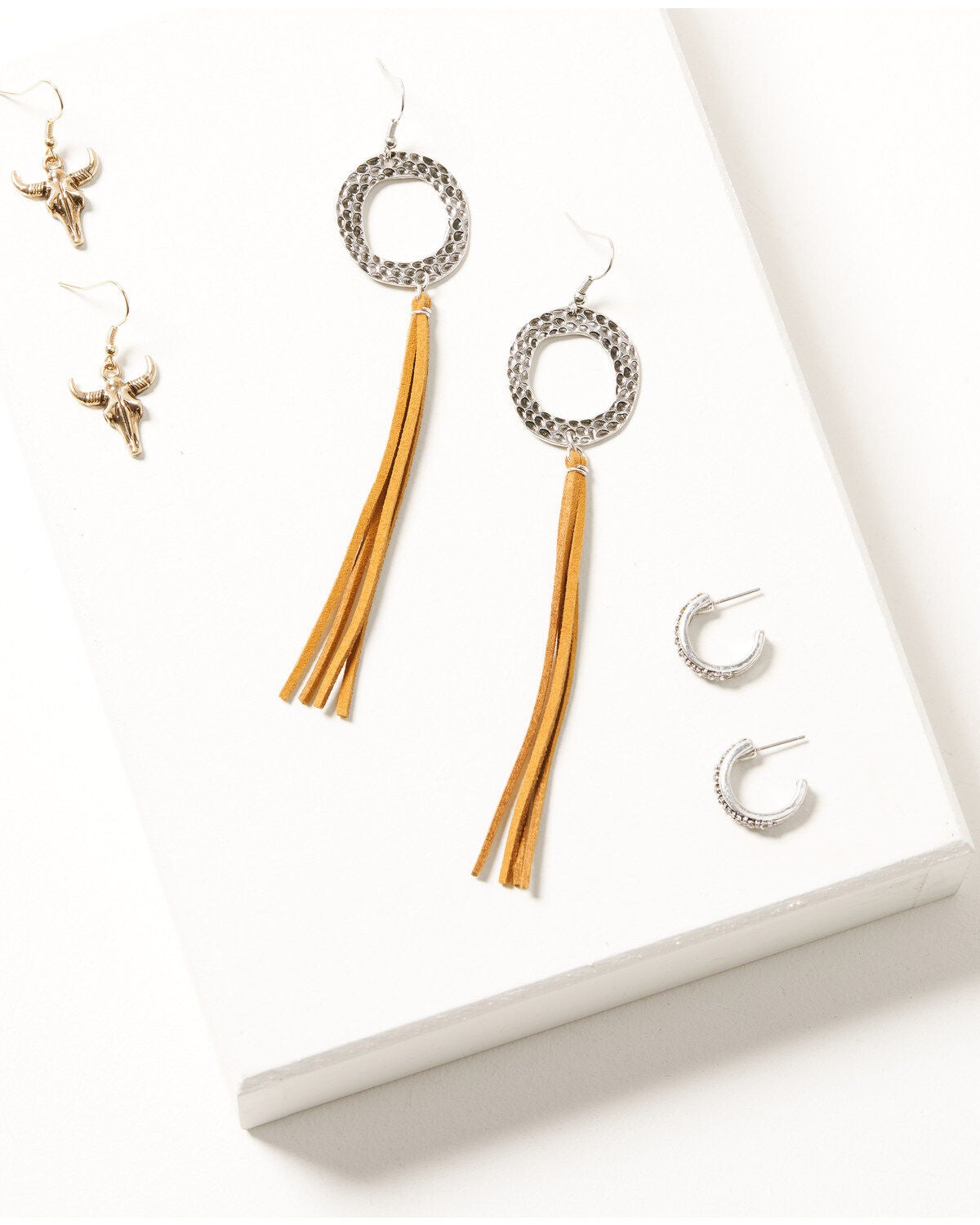 Shyanne Women's Tassel Fringe & Horn 3pc Earrings Set, Silver, hi-res