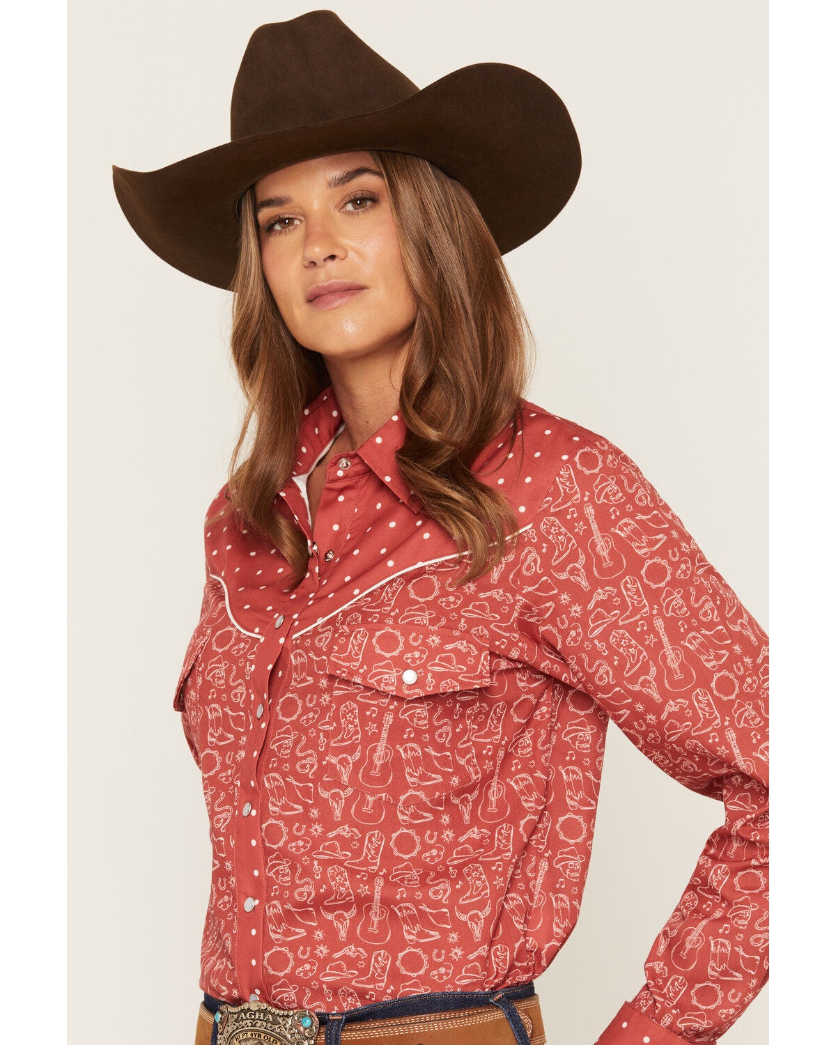 Image #2 - Howdy Hanny Women's Western Conversational Print Long Sleeve Pearl Snap Western Shirt, Rust Copper, hi-res
