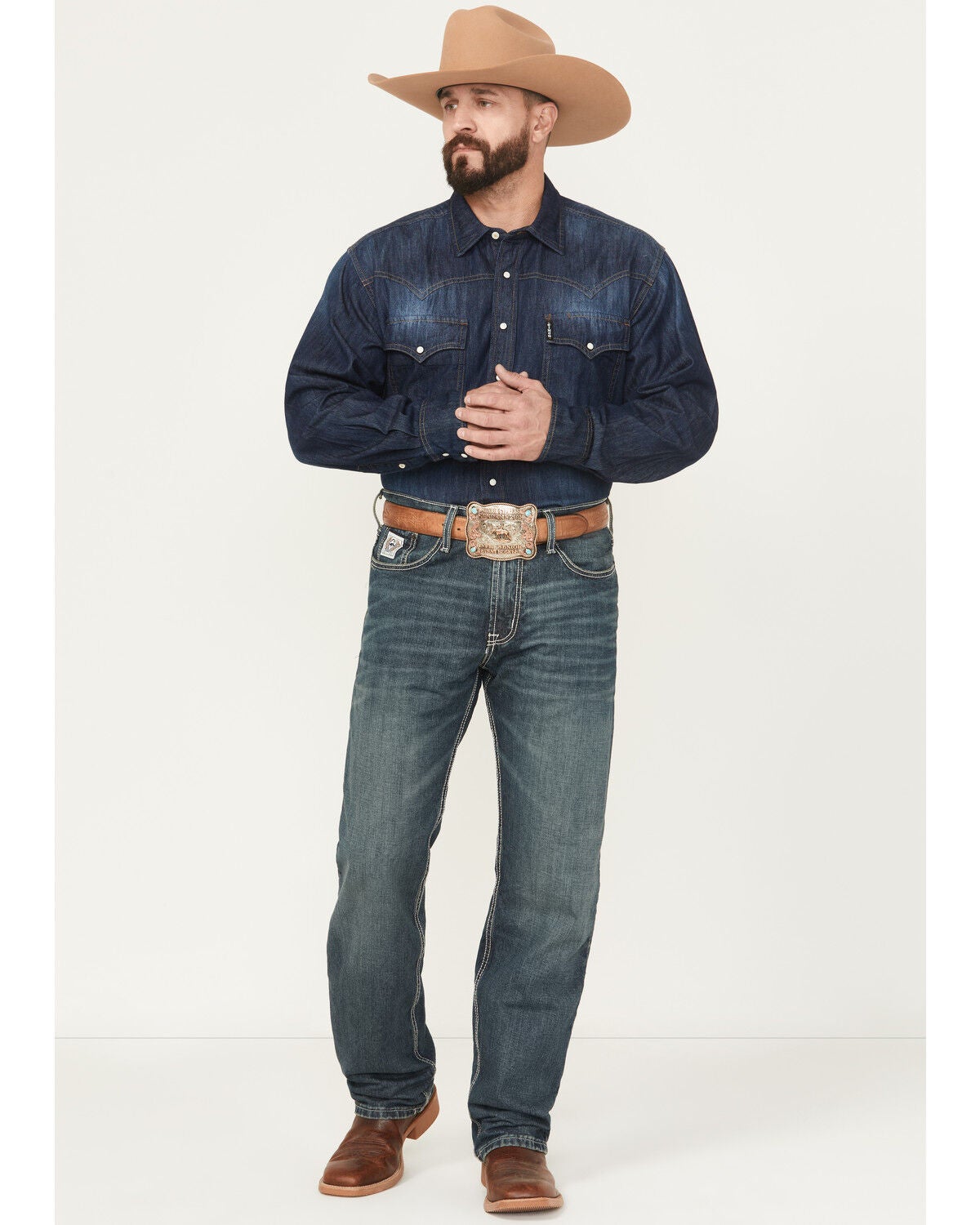 Cinch White Label Relaxed Fit Mid Rise Jeans Dark Stonewash, Indigo, hi-res