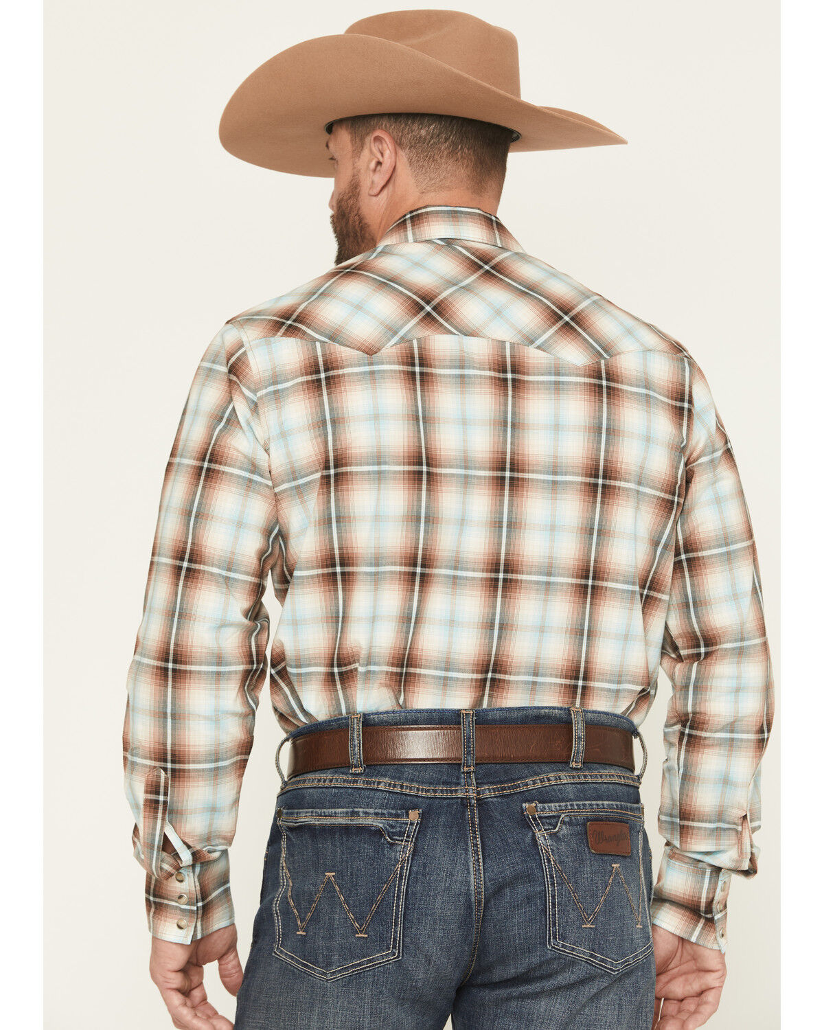 Image #4 - Wrangler Retro Men's Plaid Print Long Sleeve Snap Western Shirt, Brown, hi-res