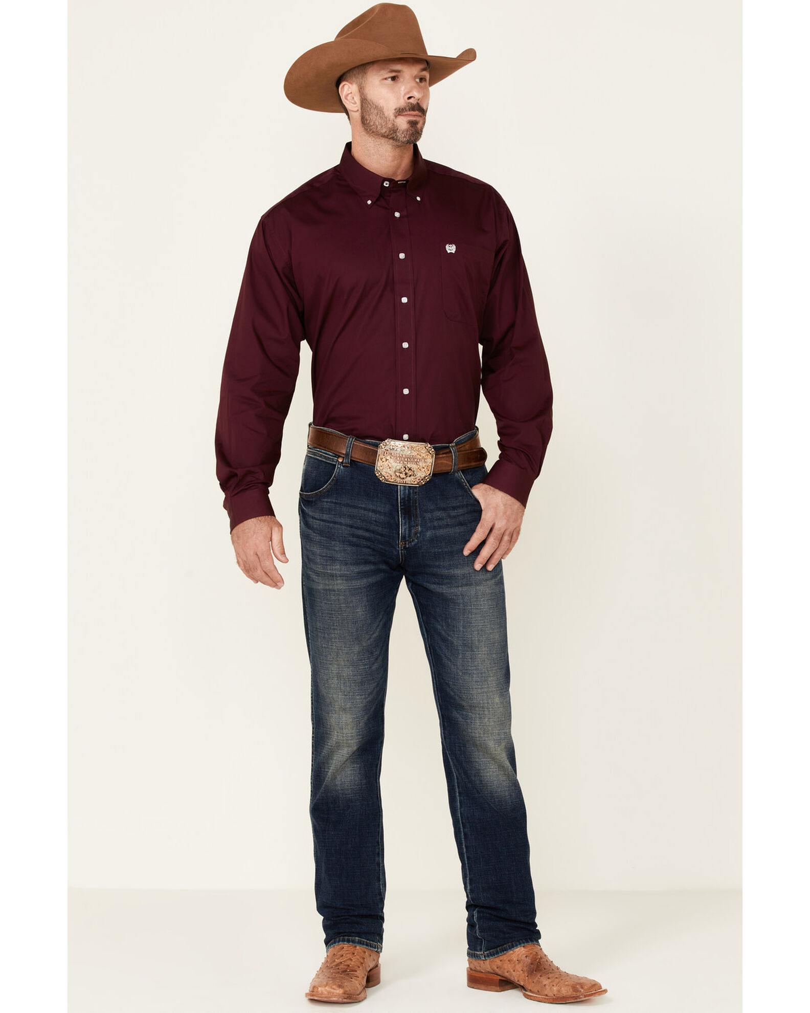 C inch Men s Solid Burgundy Button Long Sleeve Western Shirt Boot Barn