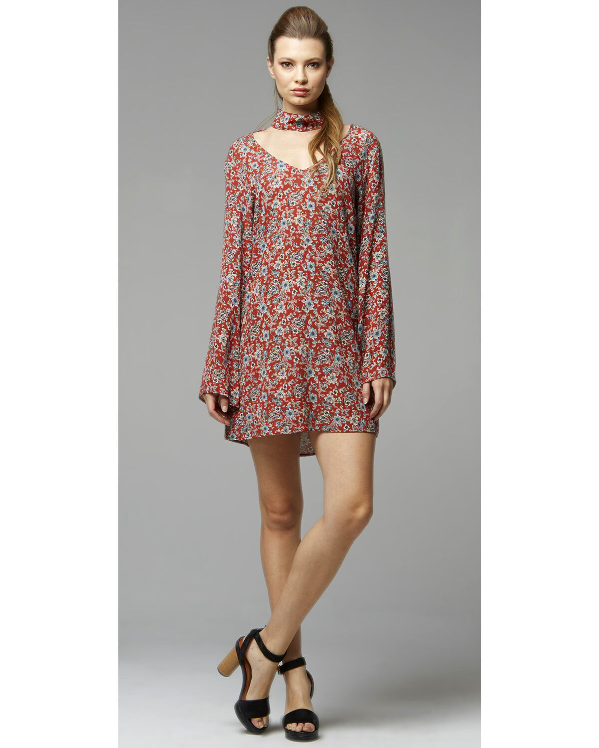 Image #1 - Glam Women's Rust Floral Cut Out Trapeze Dress , , hi-res
