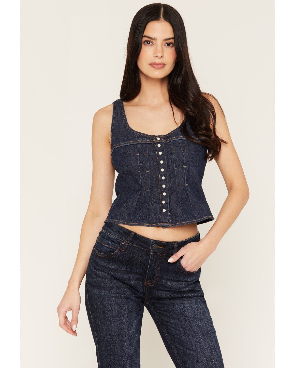 Wrangler Women's Dark Wash Pleated Sleeve Snap Denim Tank Top, Dark Wash, hi-res