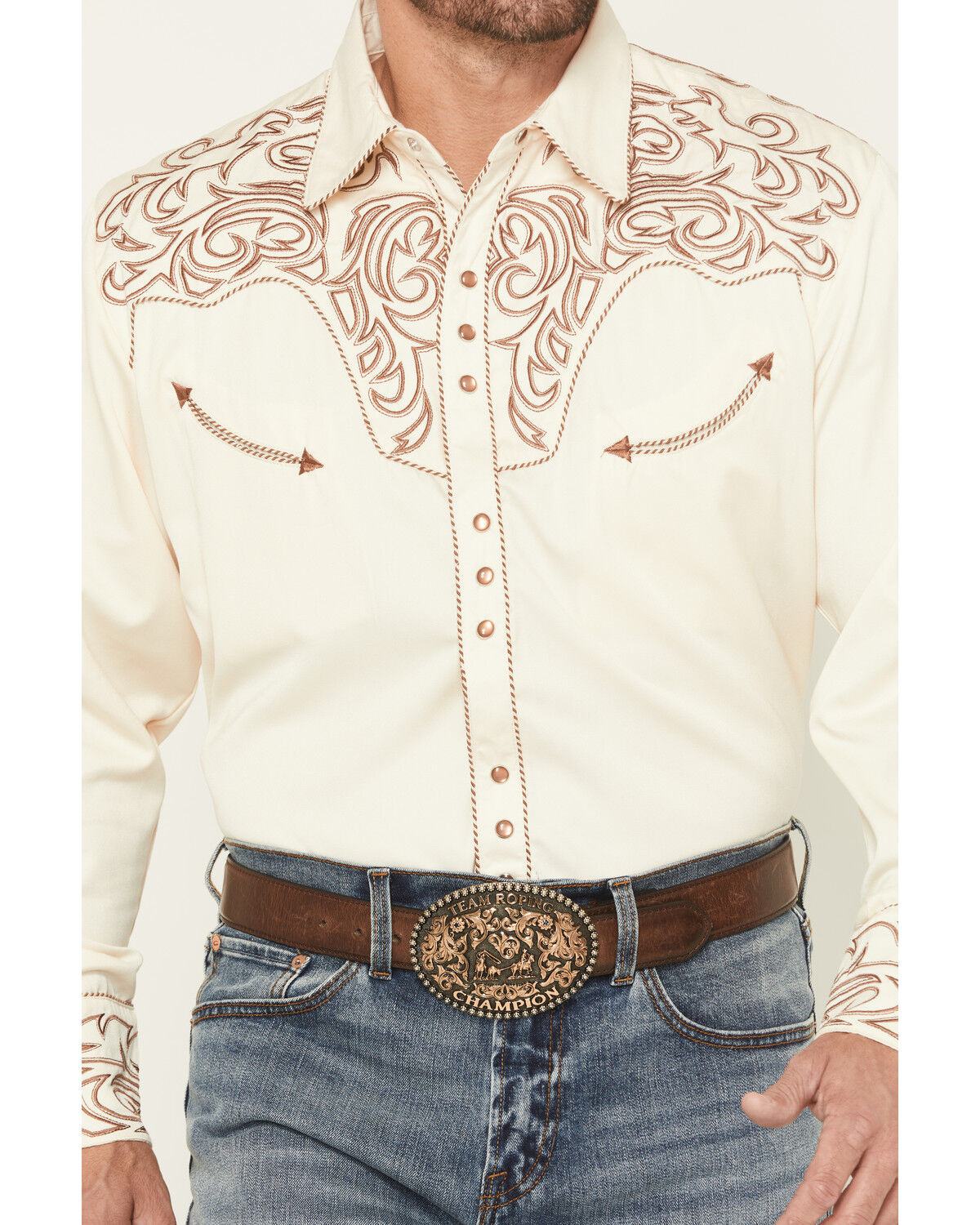 Image #3 - Scully Men's Solid Long Sleeve Pearl Snap Western Shirt, Cream, hi-res