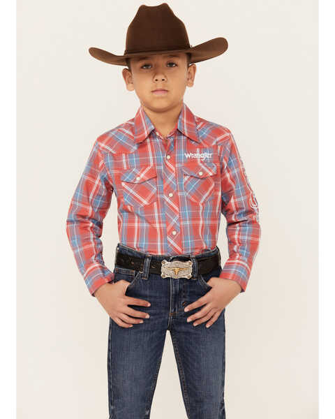 Wrangler Boys' Logo Plaid Print Long Sleeve Snap Western Shirt , Red, hi-res