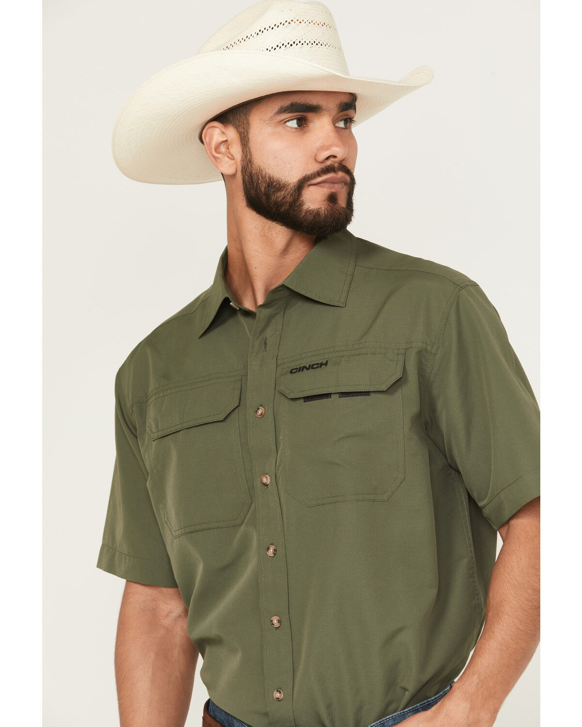 Image #2 - Cinch Men's Solid Short Sleeve Button-Down Performance Stretch Western Shirt, Green, hi-res