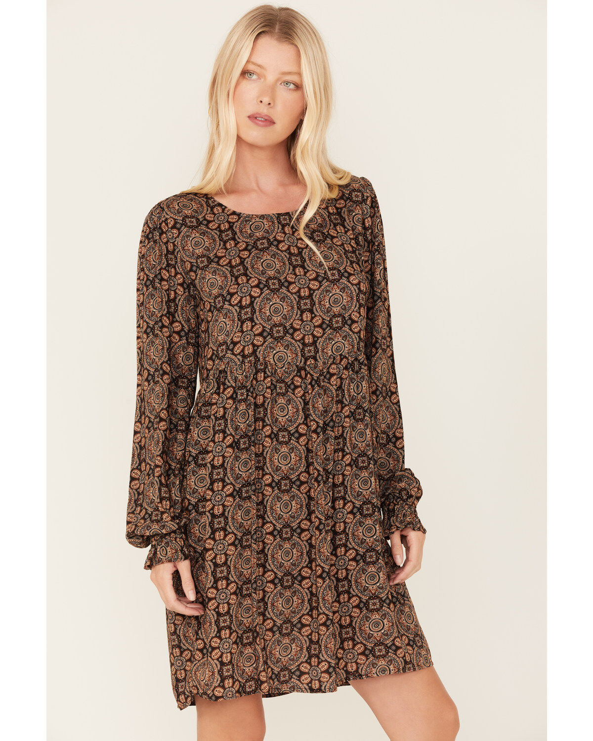 Image #1 - Stetson Women's Praire Paisley Print Long Sleeve Mini Dress, Brown, hi-res