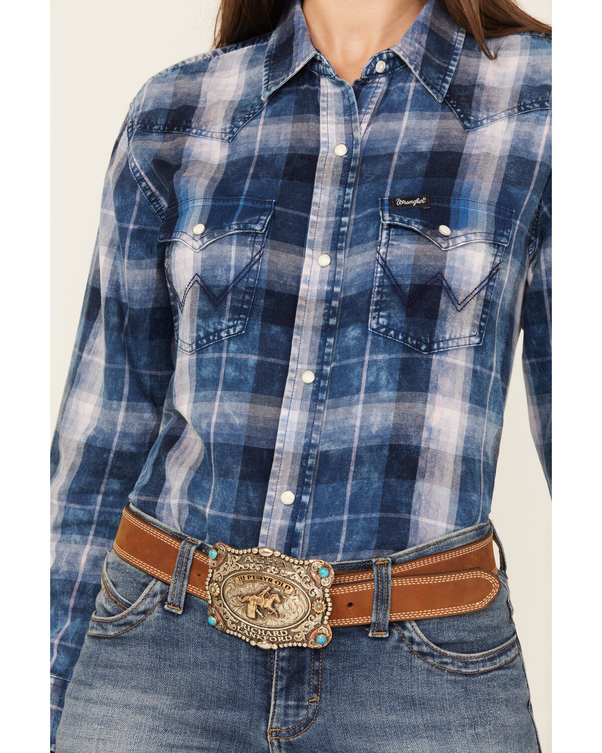 Image #3 - Wrangler Retro Women's Medium Wash Denim Plaid Print Long Sleeve Snap Western Shirt, Medium Wash, hi-res