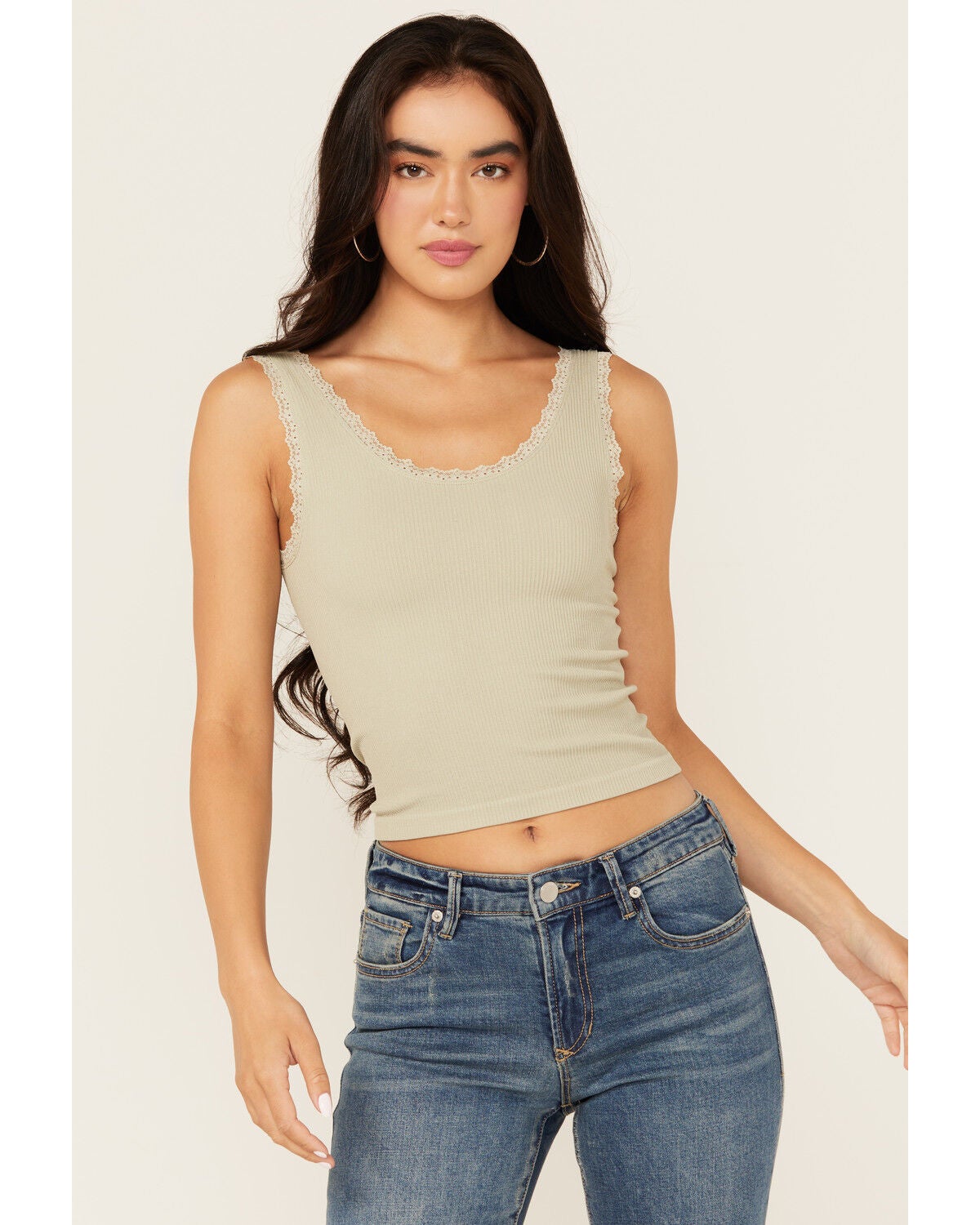 Fornia Women's Solid Lace Trim Sleeveless Cropped Tank Top, Mint, hi-res