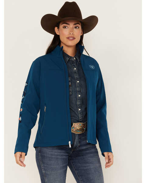 Ariat Women's Southwestern Logo New Team Softshell Jacket, Blue, hi-res