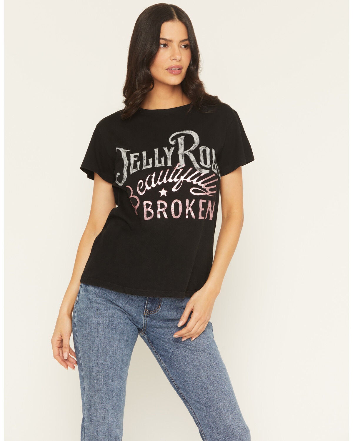 People of Leisure Women's Jelly Roll Beautifully Broken Short Sleeve Graphic Tee, Black, hi-res