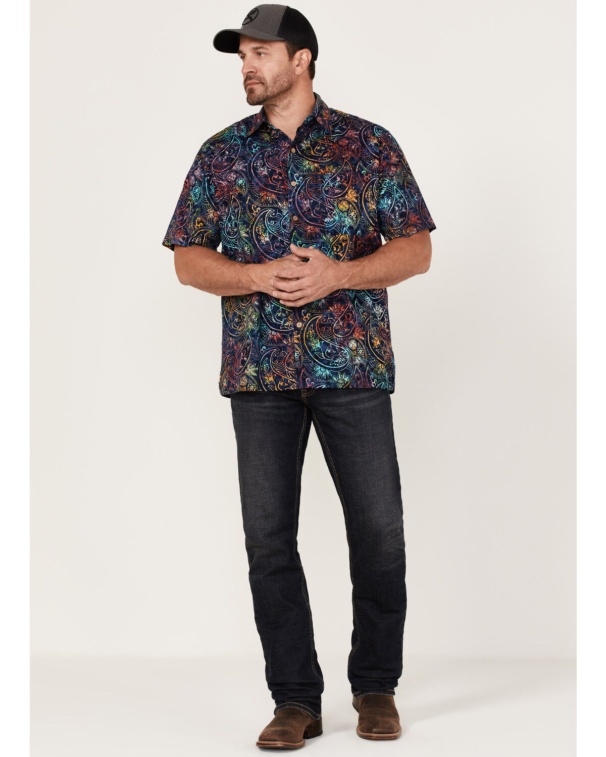 Image #2 - Scully Men's Paisley Floral Print Short Sleeve Button Down Western Shirt, , hi-res