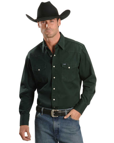 Image #2 - Wrangler Men's Solid Cowboy Cut Firm Finish Long Sleeve Work Shirt, Forest Green, hi-res